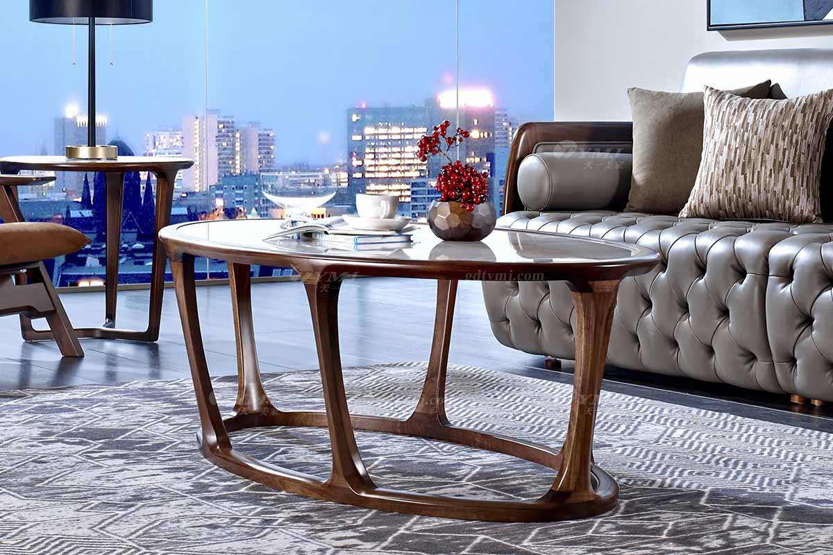 高端別墅會所家具品牌樣板房家具輕奢新中式風格黑胡桃真皮沙發系列茶幾