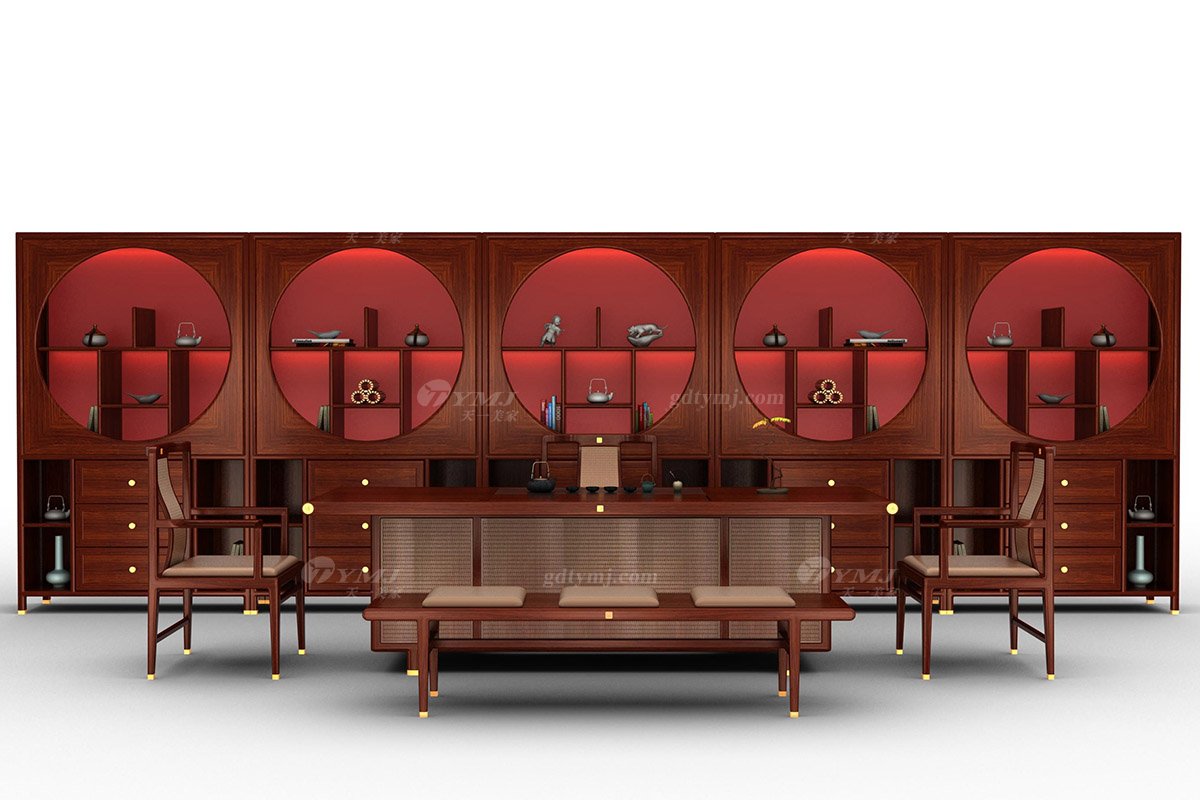 新中式辦公家具風(fēng)格高端品牌家具簡約時(shí)尚大氣實(shí)木刺猬紫檀裝飾架博古架大展宏圖博古架組合場(chǎng)景