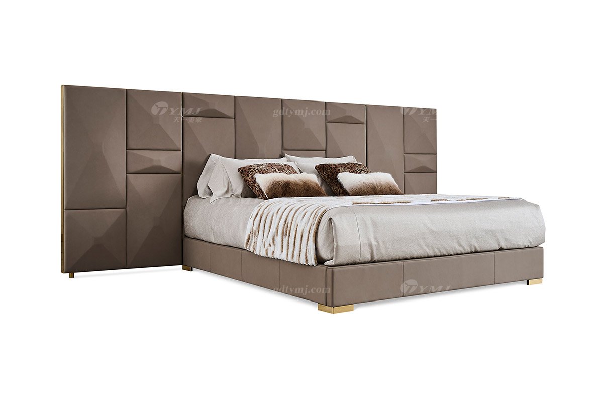 意式輕奢家具高端別墅會所豪宅家用時尚奢華鈦金+咖色真皮超大床屏大床122B21M床1